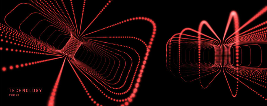 The dots form a glowing tunnel or passage. Abstract movement creates a sense of depth, speed, and digital flow. Technological design. 3D illustration for brochure, poster, cover, presentation, etc.