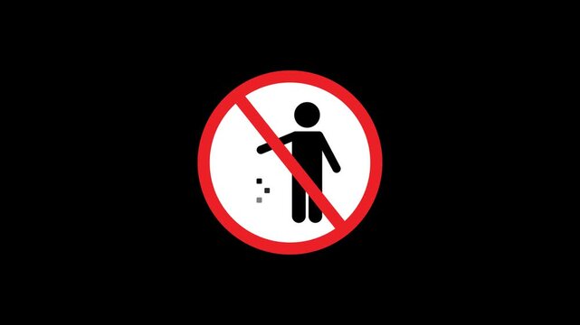 Animated no littering sign with prohibition symbol and trash bin icon on transparent background for environmental awareness projects.