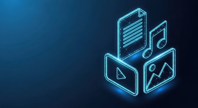 Digital Media Icons Representing Video, Audio, Images, and Documents Connected in a Network