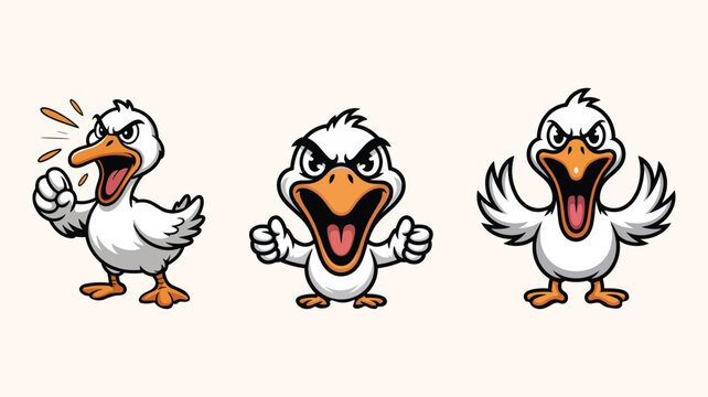 Angry duck cartoon character mascot illustration set with various expressions, funny poultry showing frustration and aggression.