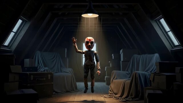 Scary puppet hanging from puppet strings in dark attic. Creepy doll waving hand in shadows. Haunted house scenery for halloween. Spooky mystery thriller concept.