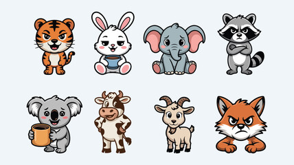 Fototapeta premium Cute funny animal vector set cartoon style collection isolated on a white background, adorable baby animals character design, perfect for children's books or nursery decor.