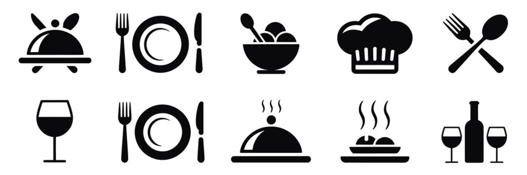 Food Icons Set with Plate, Fork, Knife, and Spoon Featuring Restaurant Menu Logotypes, Catering Symbols, and Tableware Sign Collection