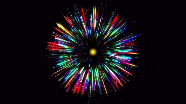 Rainbow light explosion hit effect bursting from center on black background, colorful energy rays and glowing particles in 4K.