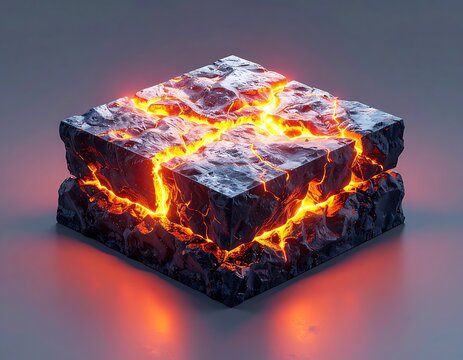 Glowing magma in cracked stone cube.
