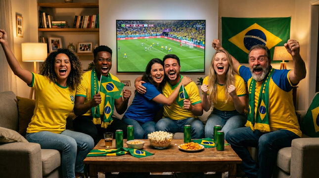 Torcedores brasileiros comemorando jogo de futebol em casa