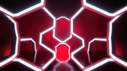 Obraz premium Futuristic interior. Red illumination highlights hexagonal patterns. Reflective surfaces create infinite tunnel effect. Minimalist design. Dramatic lighting.