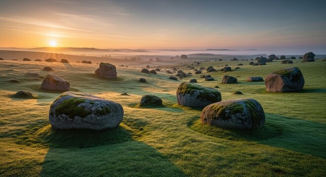 Mossy boulders on rolling green hills at sunrise