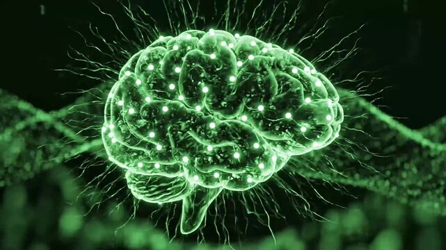 Digital brain pulsating amidst green binary data streams