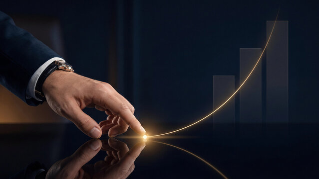 Businessman touching glowing light point igniting exponential growth curve concept showing financial success investment progress rising profit chart and luxury corporate achievement process