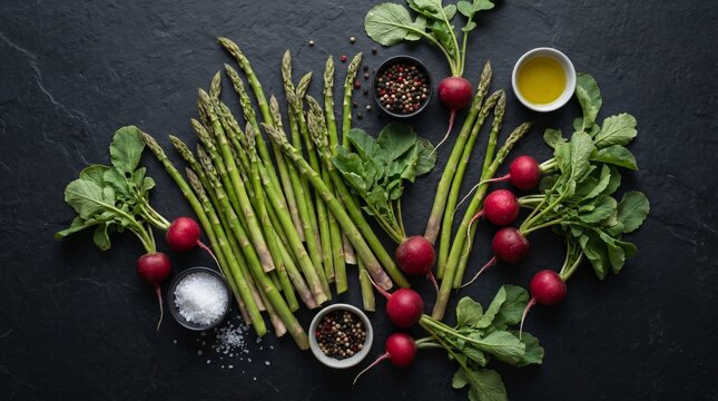 Bodeg&oacute;n org&aacute;nico esp&aacute;rrago verde r&aacute;bano rojo fresco culinario
