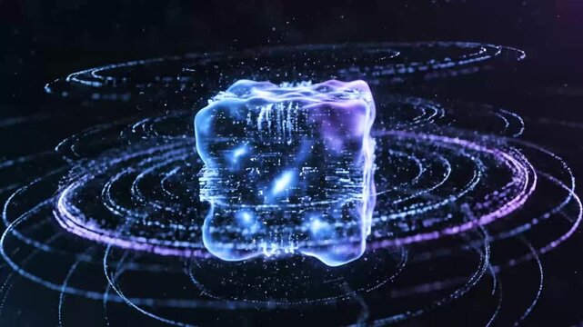 Glowing energy cube rotating in a futuristic digital environment