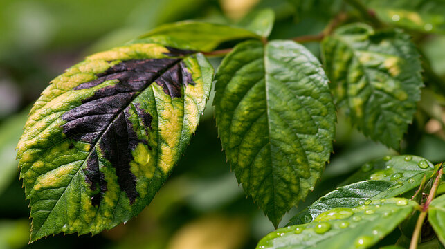 canker. Close-up of a rose leaf with a dark canker spot and dewdrops. gardening catalogs, home-decor guides, designed for gardening and botanical catalogs, used by presentation designers.