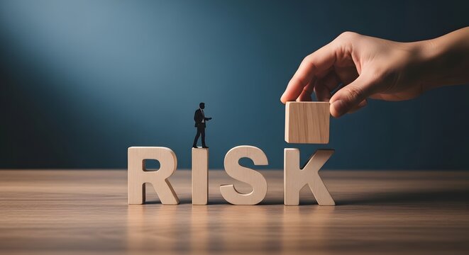Businessman standing on risk blocks with hand adding more blocks