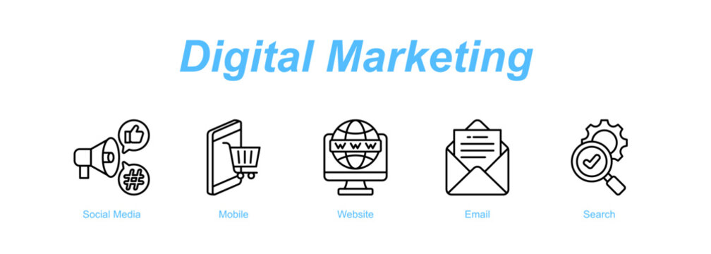 Digital Marketing web banner icon concept for with icon of Social Media, Mobile, Website, Email, Search.