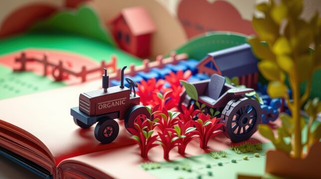 Papercraft scene depicts farm tractor pulling trailer through vibrant red crops. Background shows stylized hills, house, fence. Book pages visible below.