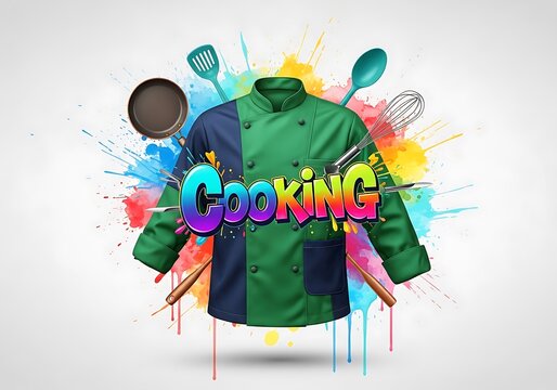 Colorful chef jacket with cooking utensils and paint splatters