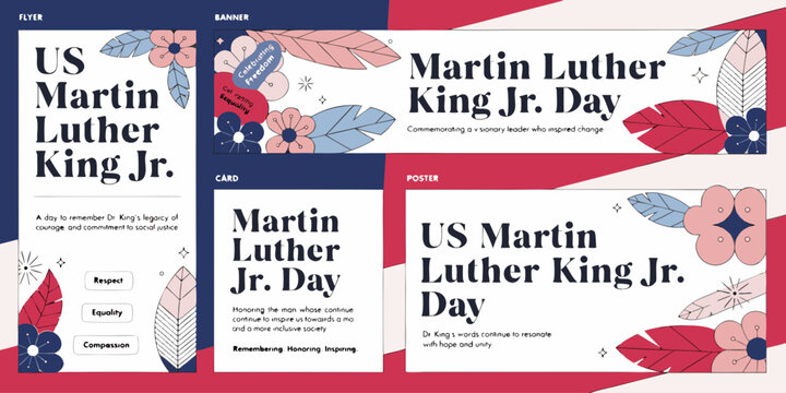 USA, US, U.S - Us martin luther king jr day marketing set design with floral decorative elements celebration american template botanical decorative illustration marketing minimalist