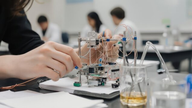 Students conducting a science experiment in a laboratory setting.