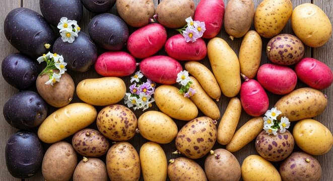 A collection of colorful potatoes rests on a rustic wooden surface. The potatoes display a variety of shapes, sizes, and colors, including purple, red, yellow, and brown.
