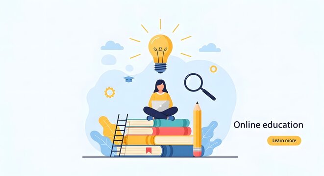 Online education concept with a woman sitting on books using a laptop