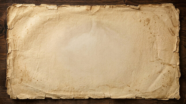 A background with stains and torn, worn edges made of antique paper. A scroll on a dark wooden table. Perfect for historical maps, pirate themes, retro scrolls, and treasure hunts.