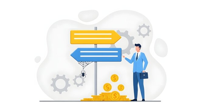 Businessman choosing between two paths to financial success