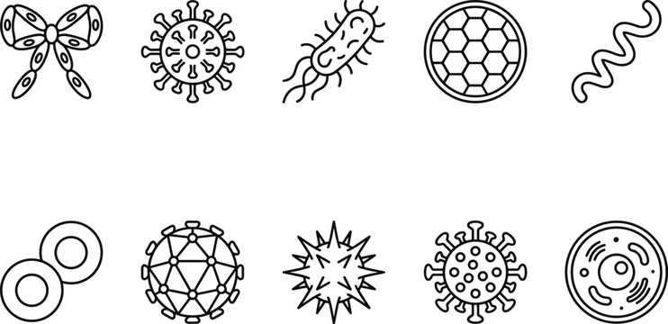 Virus and bacteria science line icon set with coronavirus cell structure ribbon bow pathogen germ spiral microbe and medical laboratory outline symbols