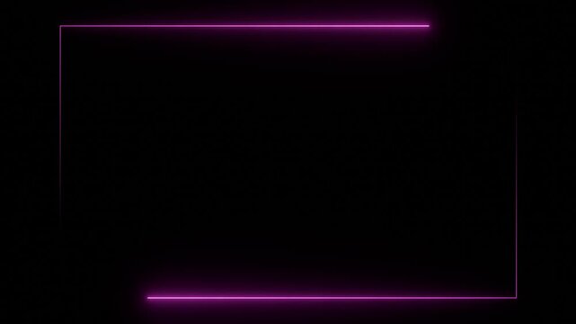 Rectangle with moving lines in pink neon light, illuminated frame. Shape, geometry, box, template, black background, space in the middle to add text or image.