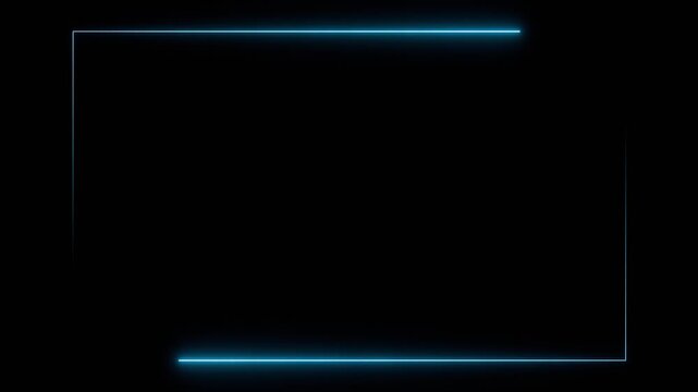 Rectangle with moving lines in blue neon light, illuminated frame. Shape, geometry, box, template, black background, space in the middle to add text or image.