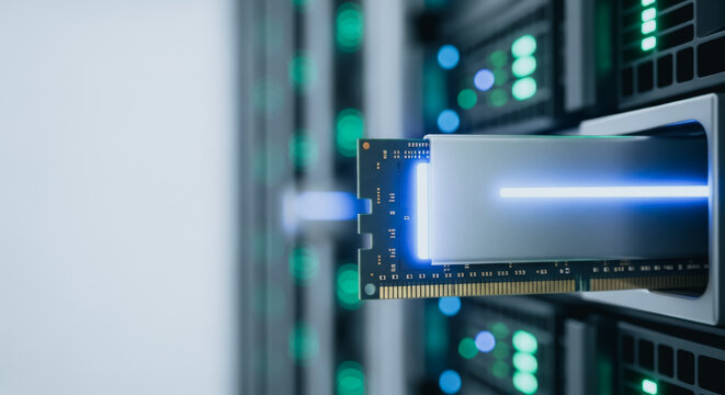 High-performance RAM memory module being inserted into a server rack in a data center representing digital data storage.