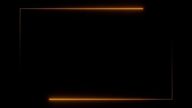 Rectangle with moving lines in orange neon light, illuminated frame. Shape, geometry, box, template, black background, space in the middle to add text or image.
