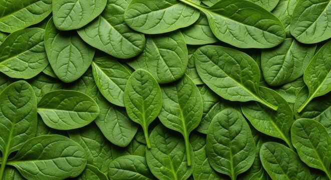 A dense collection of vibrant green spinach leaves covers the entire frame. The leaves are tightly packed, creating a textured and rich green surface.
