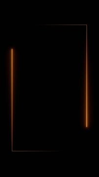 Rectangle with moving lines in orange neon light, illuminated frame. Shape, geometry, box, template, black background, space in the middle to add text or image.