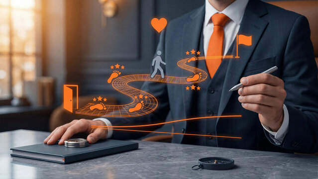 Customer journey concept tracking buyer path through experience map milestones touchpoint engagement footprint and goal achievement for successful brand marketing and business conversion