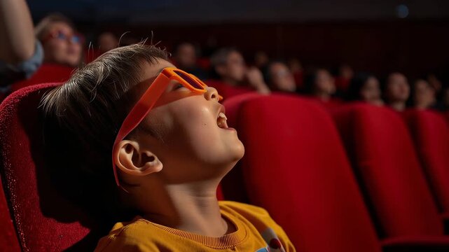 映画館の赤い座席で３Ｄ映画に驚く日本人の子供の横顔