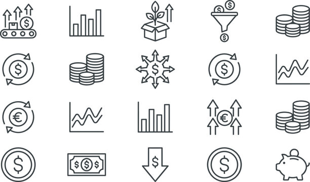 Finance and business growth line icon set with dollar euro coins stacks bar chart line graph funnel piggy bank and investment outline symbols