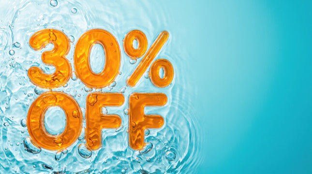 Volumetric orange 30 percent off discount price tag of glass submerged in blue water with bubbles. Promotional offer of rebate ecommerce marketing. Special fresh summer sale concept with copy-space.