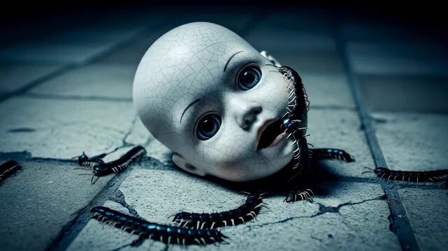 Creepy doll head on dungeon floor with centipedes crawling out of mouth. Horror concept of cursed toy at Halloween, cinematic dark scene with insect infestation.