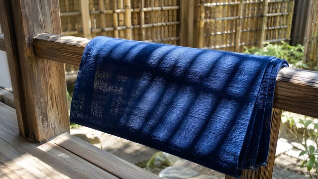 Traditional Japanese Indigo Dyed Tenugui Cotton Cloth with Dramatic Bamboo Lattice Shadow Pattern on Veranda