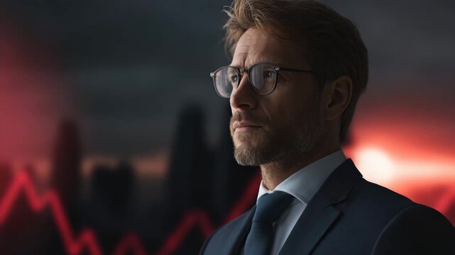 Middle age man suit with glasses, serious profile dark office with red chart glow, serious businessman suit and glasses with blurred red chart background, thoughtful corporate portrait, middle age