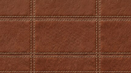 Fototapeta premium A close-up image of a brown leather surface with a grid pattern. The leather is stitched with a light brown thread, creating a textured and detailed appearance.
