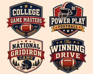 Obraz premium Collection of Four Vintage American Football Emblems Featuring Distinct Text and Graphics