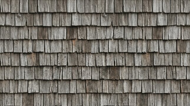 A close-up photograph showcases a weathered, gray shingle roof. The shingles are tightly packed and exhibit a rustic, textured appearance.