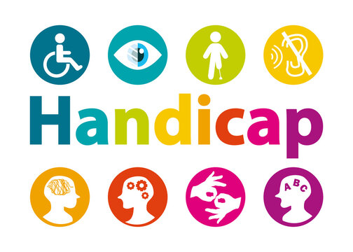 Handicap. Invalidit&eacute;. Handicaps visibles et invisibles. Illustration dessin&eacute;e &agrave; la main avec lettres multicolores et pictogrammes II. Mot en fran&ccedil;ais.