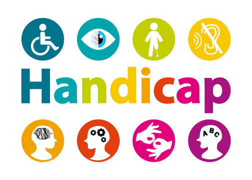 Handicap. Invalidit&eacute;. Handicaps visibles et invisibles. Illustration dessin&eacute;e &agrave; la main avec lettres multicolores et pictogrammes. Mot en fran&ccedil;ais.