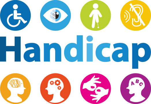 Handicap. Invalidit&eacute;. Handicaps visibles et invisibles. Illustration vectorielle dessin&eacute;e &agrave; la main avec lettres bleues et pictogrammes color&eacute;s II. Mot en fran&ccedil;ais.