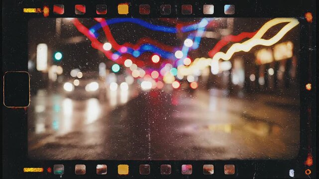夜道に滲むネオン反射と粗い粒子が彩る幻想的な抽象光跡