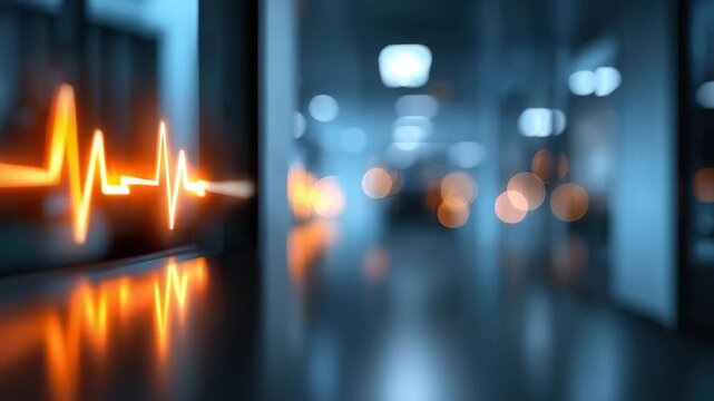 Heartbeat line blue corridor with orange glow, blur reflection and bokeh, pulse light modern hospital passage, abstract glowing corridor background, electrocardiogram signal and reflective surface