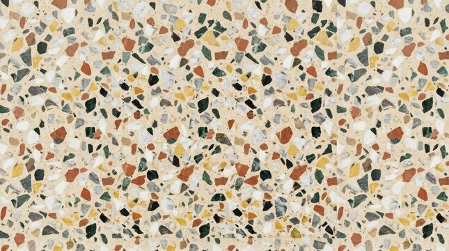 A speckled terrazzo floor pattern is displayed. The floor is composed of small, colorful chips of stone, including white, beige, gray, red, orange, yellow, green, and black.
